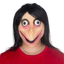 Load image into Gallery viewer, 2019 New Scary Momo Hacking Game Horror Latex Mask Full Head Momo Mask Big Eye With Long Wigs